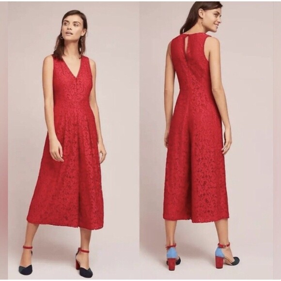 Anthropologie Pants - Anthropologie Jumpsuit Pants Red Lace Moulinette Soeurs Size 12 Wide Leg Sexy